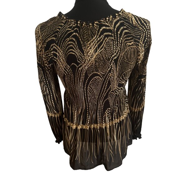 Melissa Paige Petite Women's Long Sleeve Blouse Size P/S Black & Gold Pattern - Picture 3 of 8